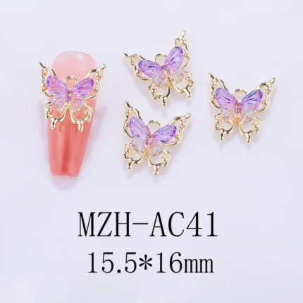 Nail Art Deco Gold Metal Violet Crystal Butterfly Charm Y01-MZH-AC41