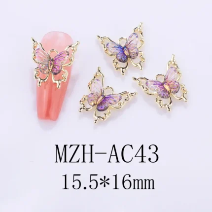 Nail Art Deco Gold Metal Crystal Purple Butterfly Charm Y01-MZH-AC43