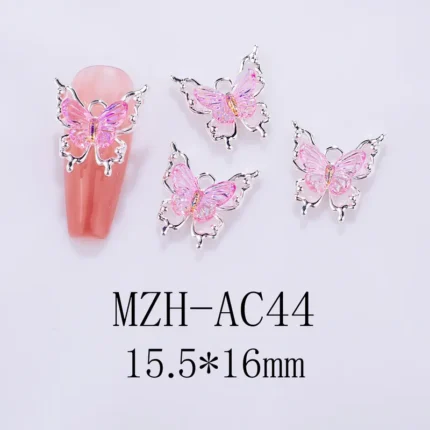 Nail Art Deco Silver Metal Pink Crystal Butterfly Charm Y01-MZH-AC44