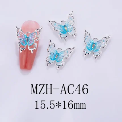 Nail Art Deco Silver Metal Aqua Crystal Butterfly Charm Y01-MZH-AC46