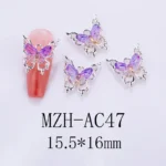 Nail Art Deco Silver Metal Violet Crystal Butterfly Charm Y01-MZH-AC47