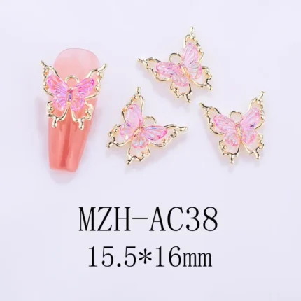 Nail Art Deco Gold Metal Pink Crystal Butterfly Charm Y01-MZH-AC38