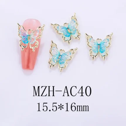 Nail Art Deco Gold Metal Aqua Crystal Butterfly Charm Y01-MZH-AC40